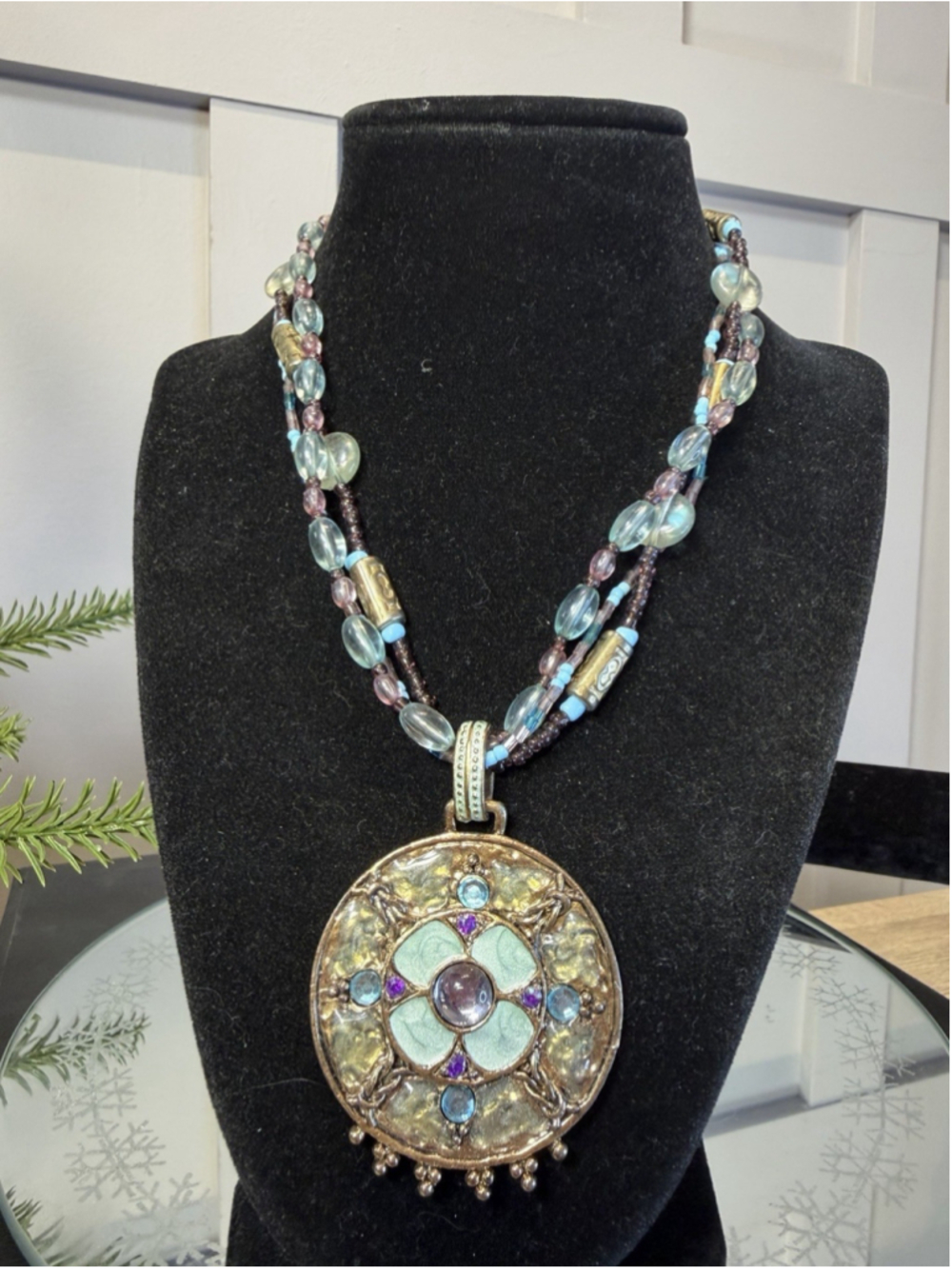 Bijoux Terner Necklace Beaded Floral Pendant Three Strand Brown Blue